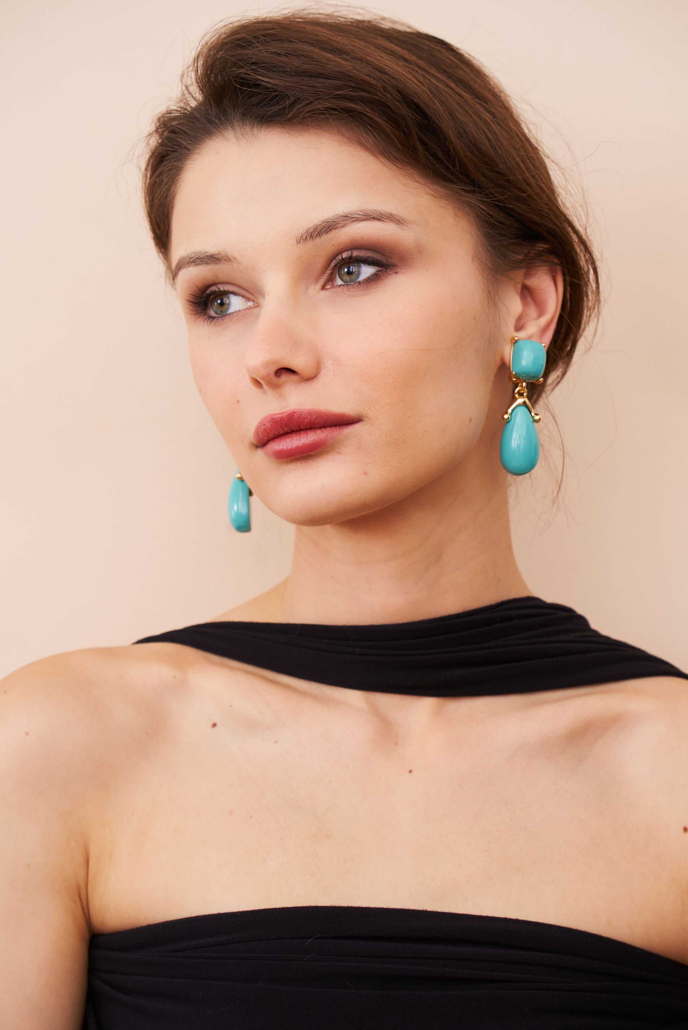 Turquoise Square Top Drop Clip Earrings