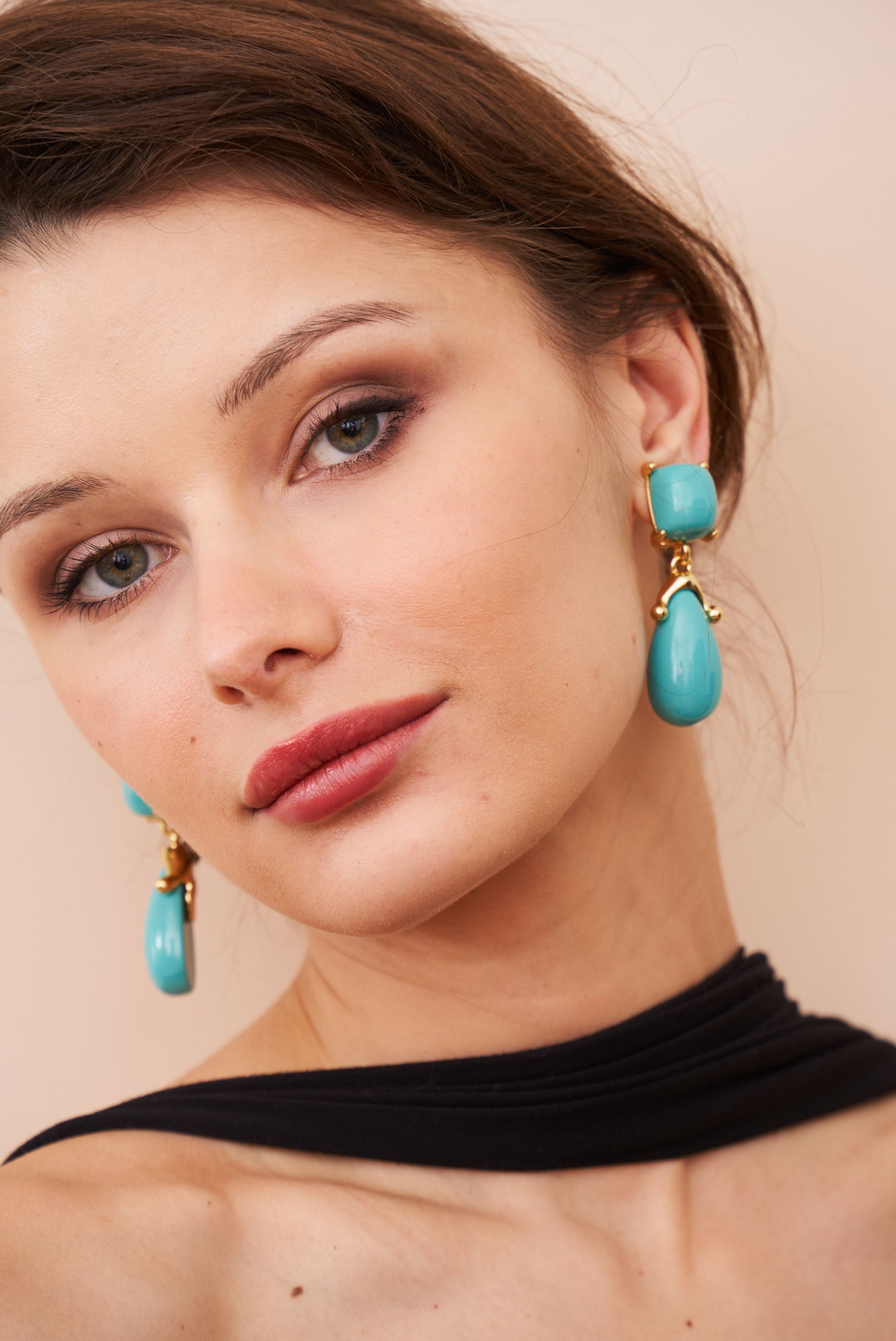 Turquoise Square Top Drop Clip Earrings