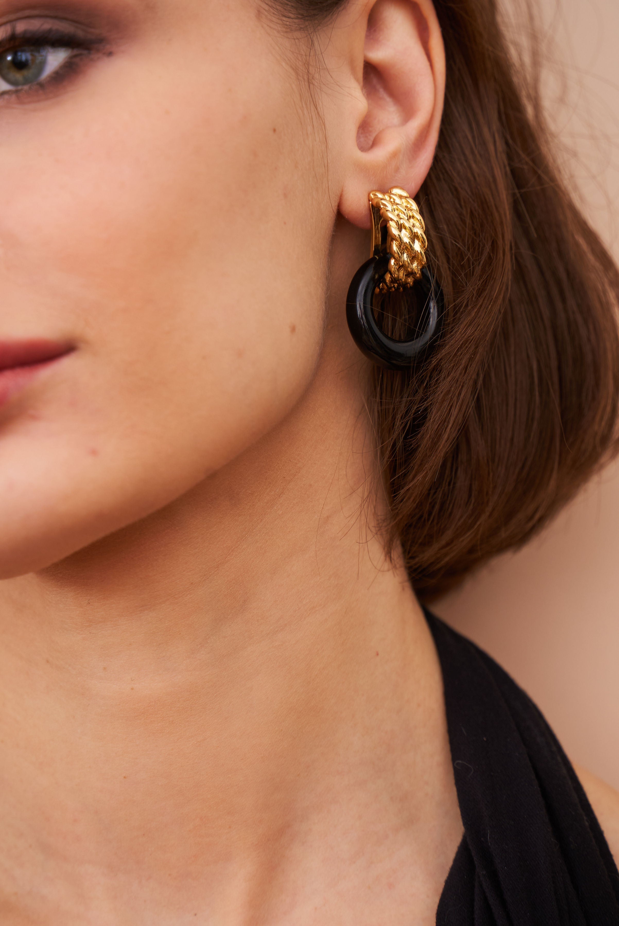 Gold & Black Doorknocker Pierced Earrings