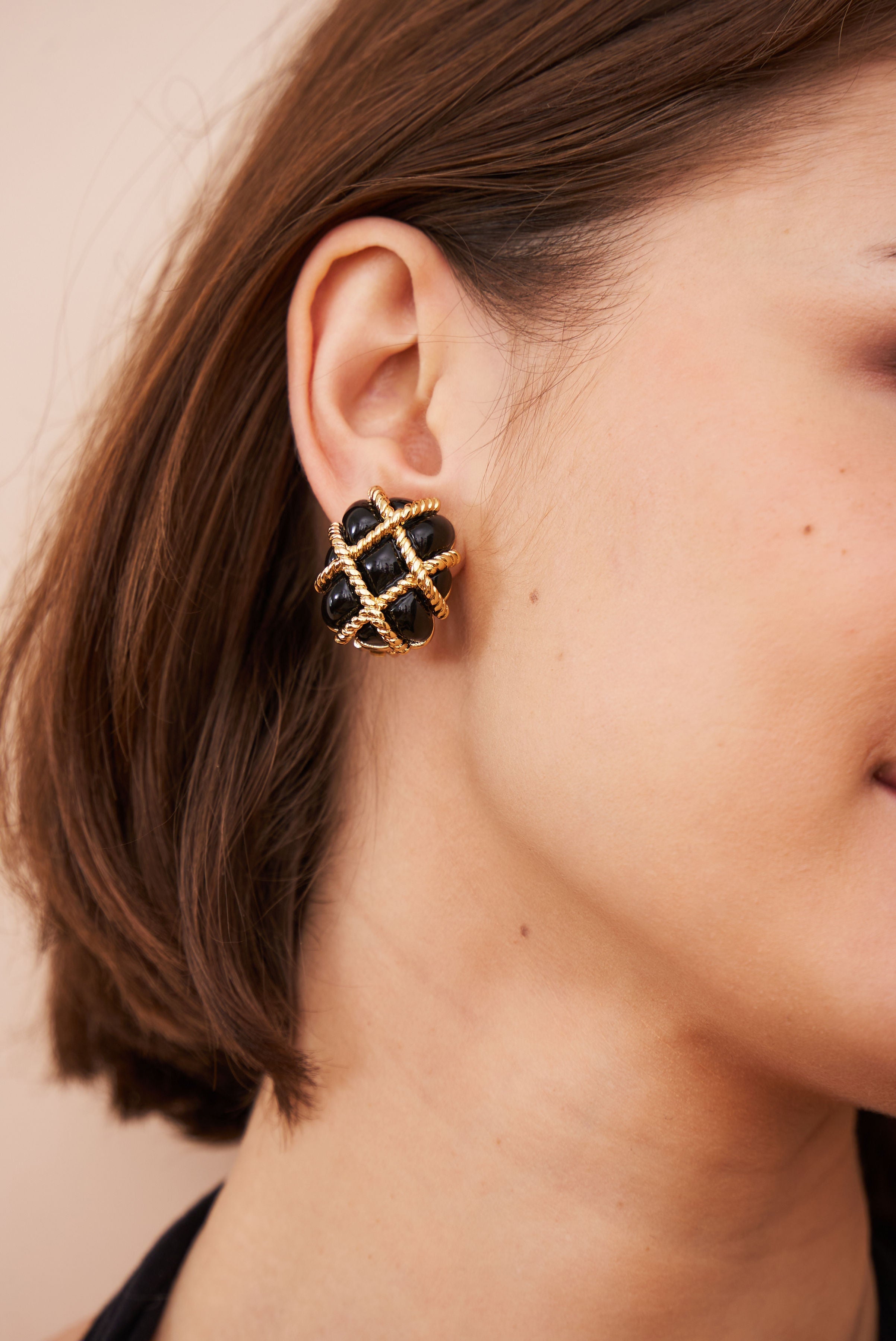 Black Quilted Clip-On Earrings