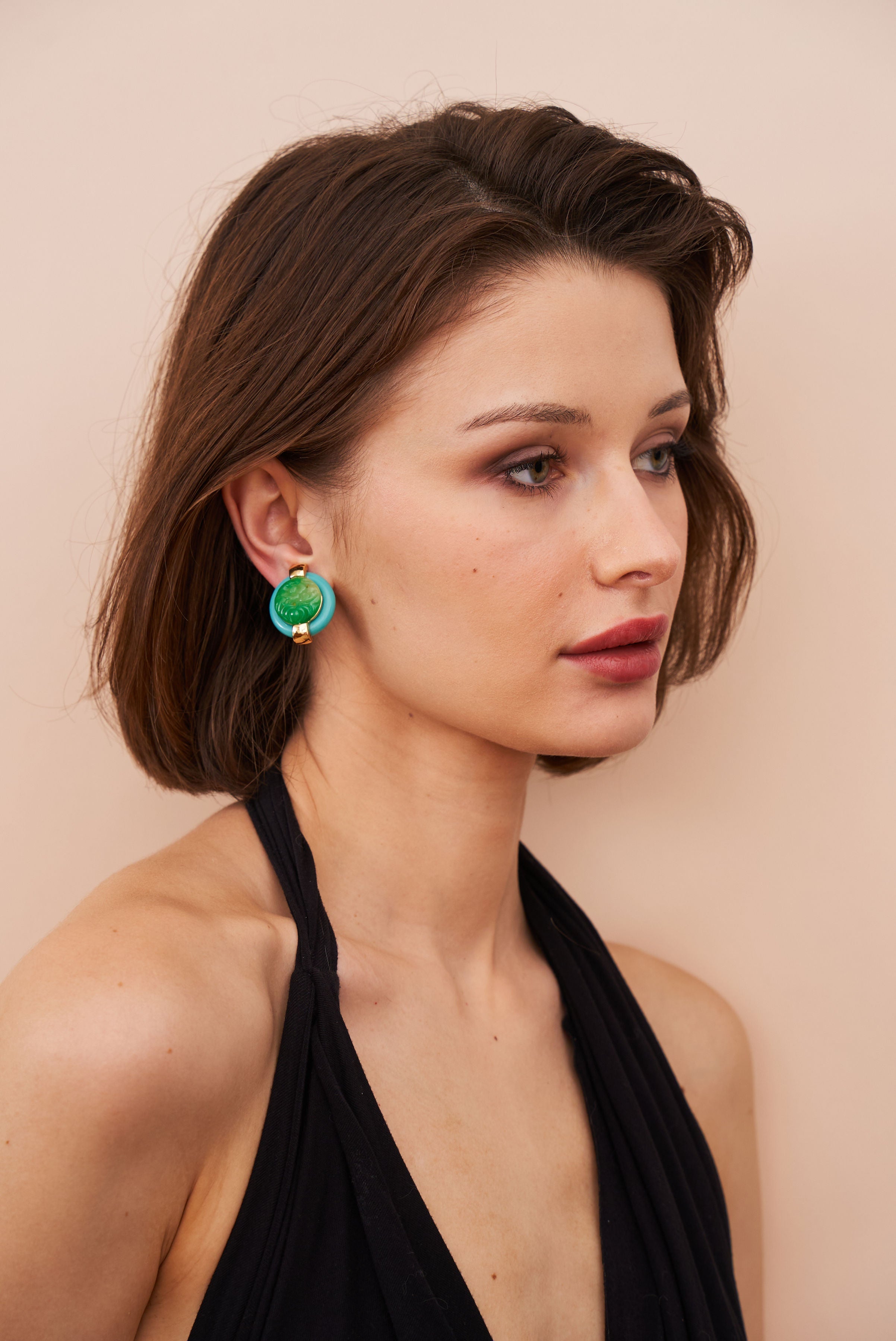 Carved Jade Button Clip-On Earrings