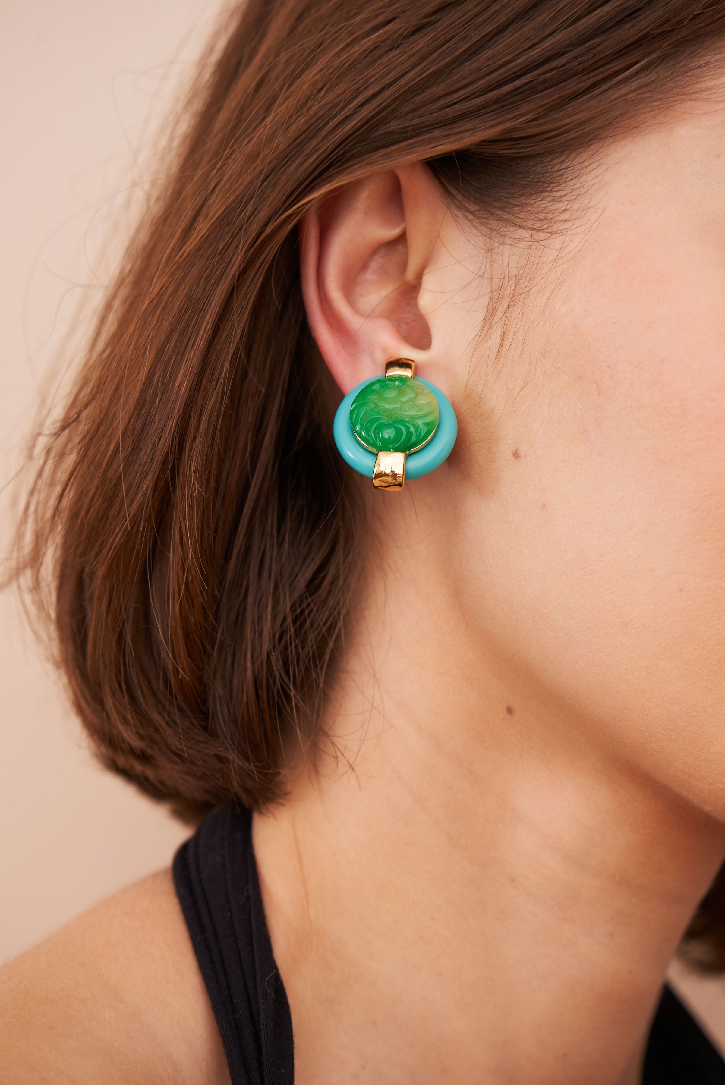Carved Jade Button Clip-On Earrings