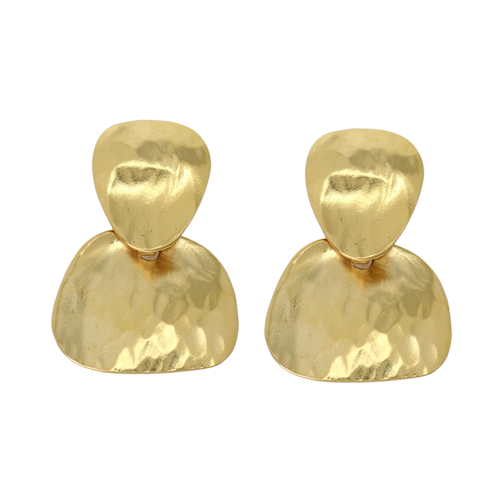 Gold Double Hammered Drop Clip Earring