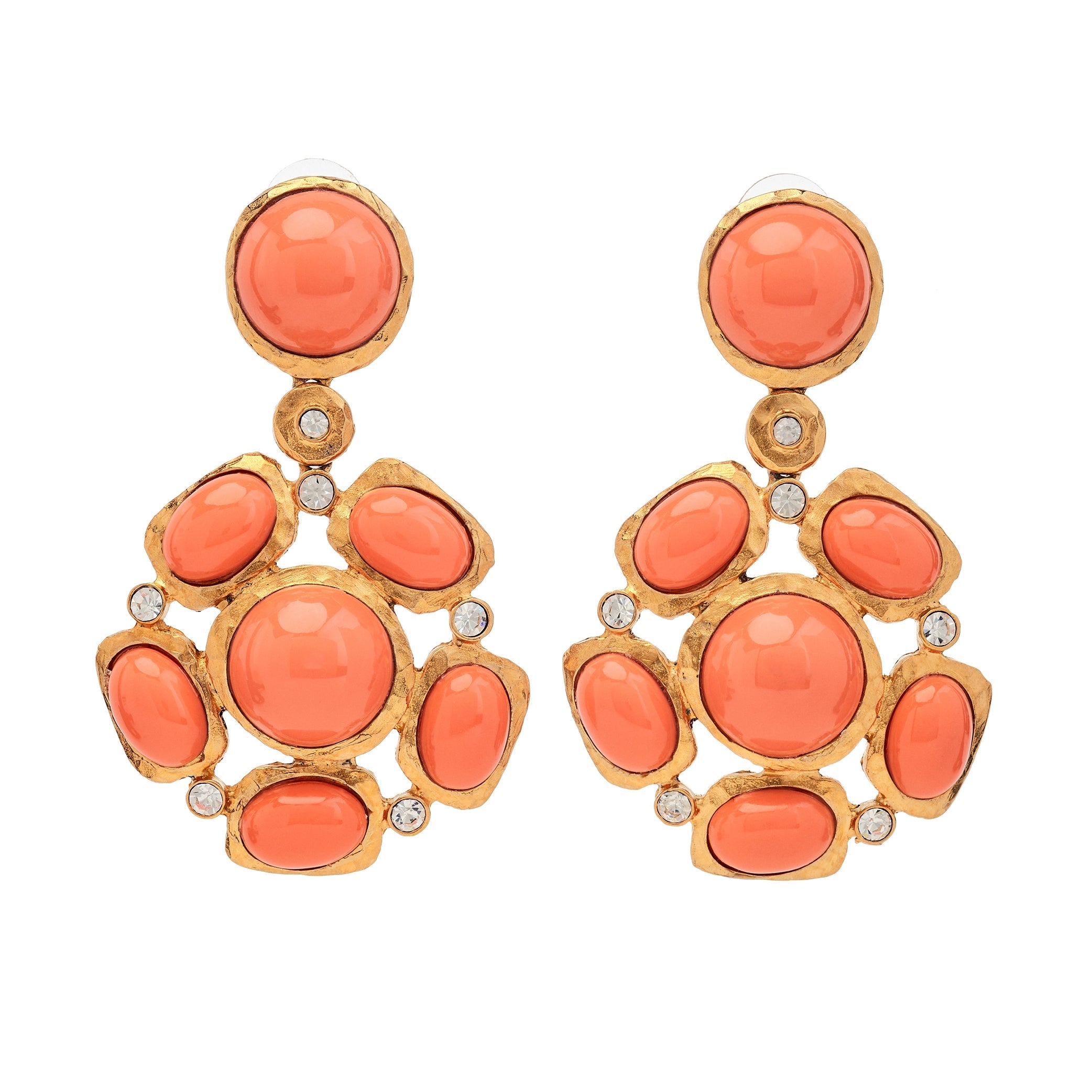 Gold & Coral Cabochon Cluster Chandelier Earrings