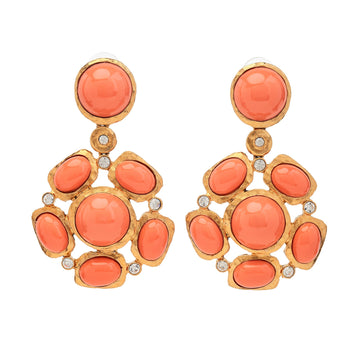 Gold & Coral Cabochon Cluster Chandelier Earrings