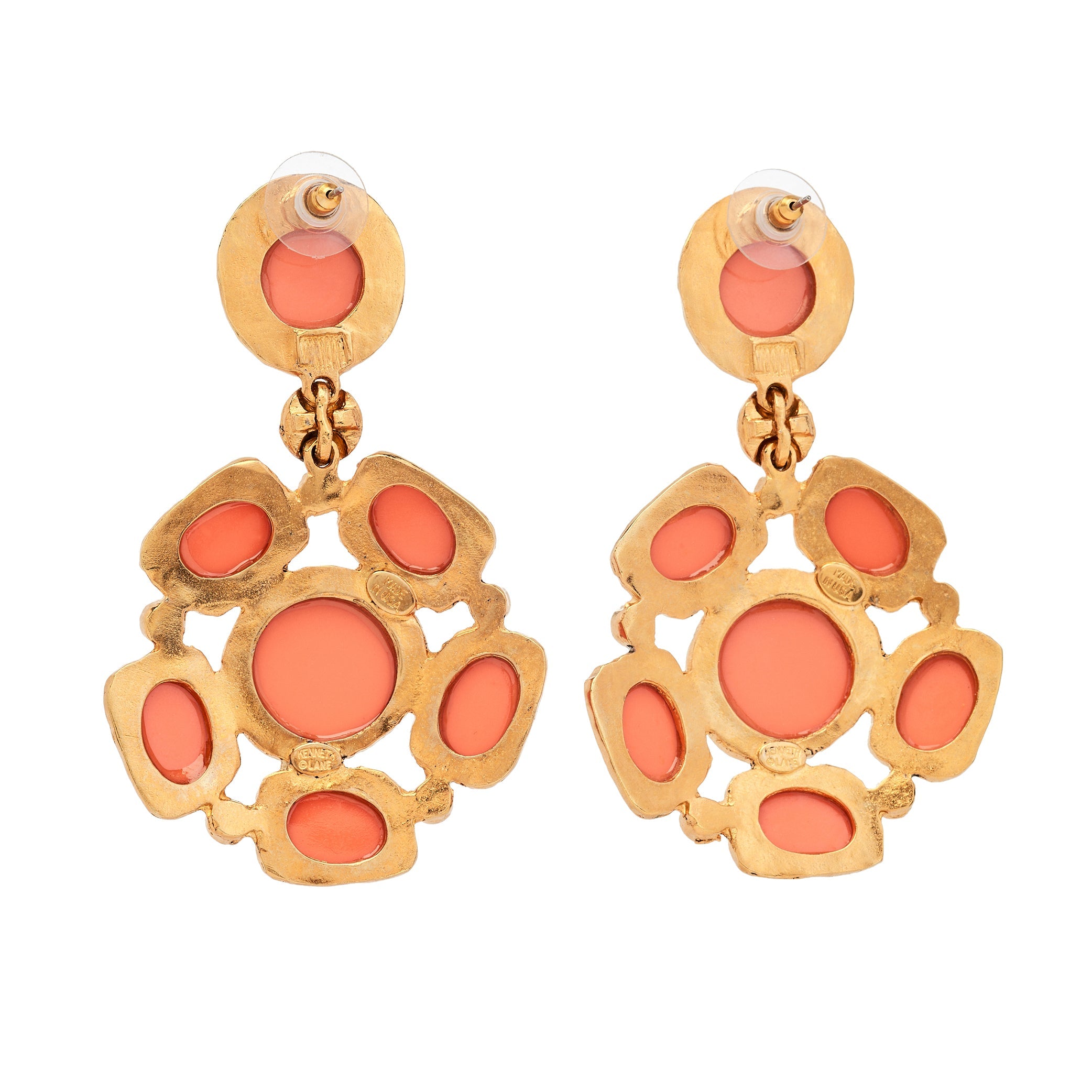 Gold & Coral Cabochon Cluster Chandelier Earrings