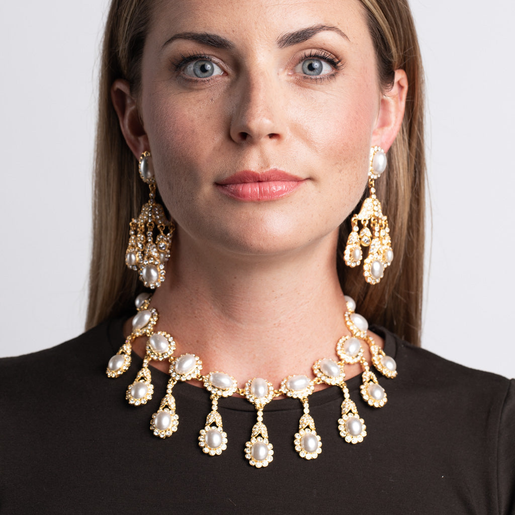 Gold Chandelier and White Pearl Clip Earrings