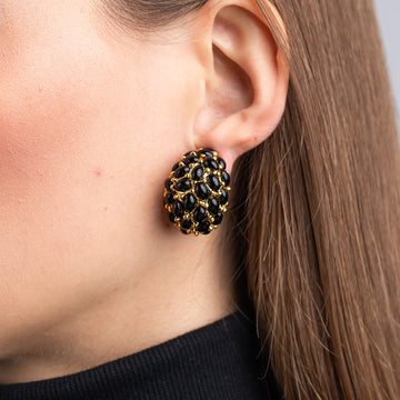 Black Cabochon Domed Hoop Clip Earrings
