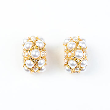 Pearl Cabochon Huggie Hoop Clip Earrings