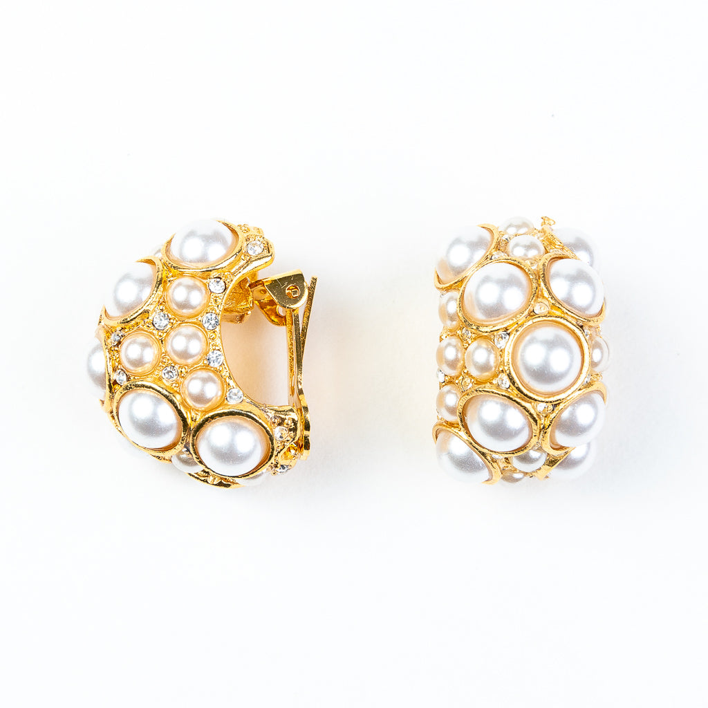 Pearl Cabochon Huggie Hoop Clip Earrings