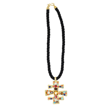 Black Cord Satin Gold Multi Gem Pendant