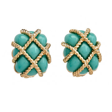 Gold Trim Turquoise Quilted Clip Earrings