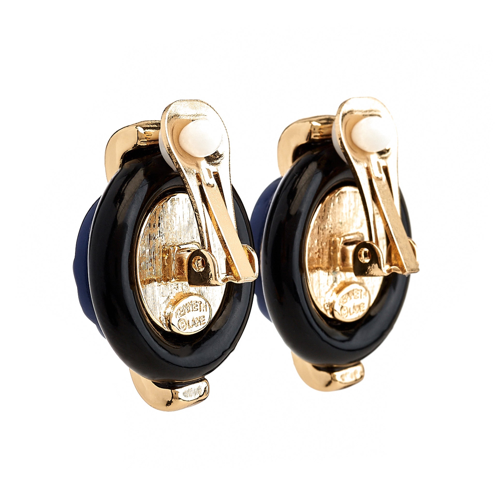 Carved Lapis Button Clip-On Earrings