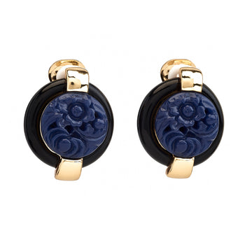 Carved Lapis Button Clip-On Earrings
