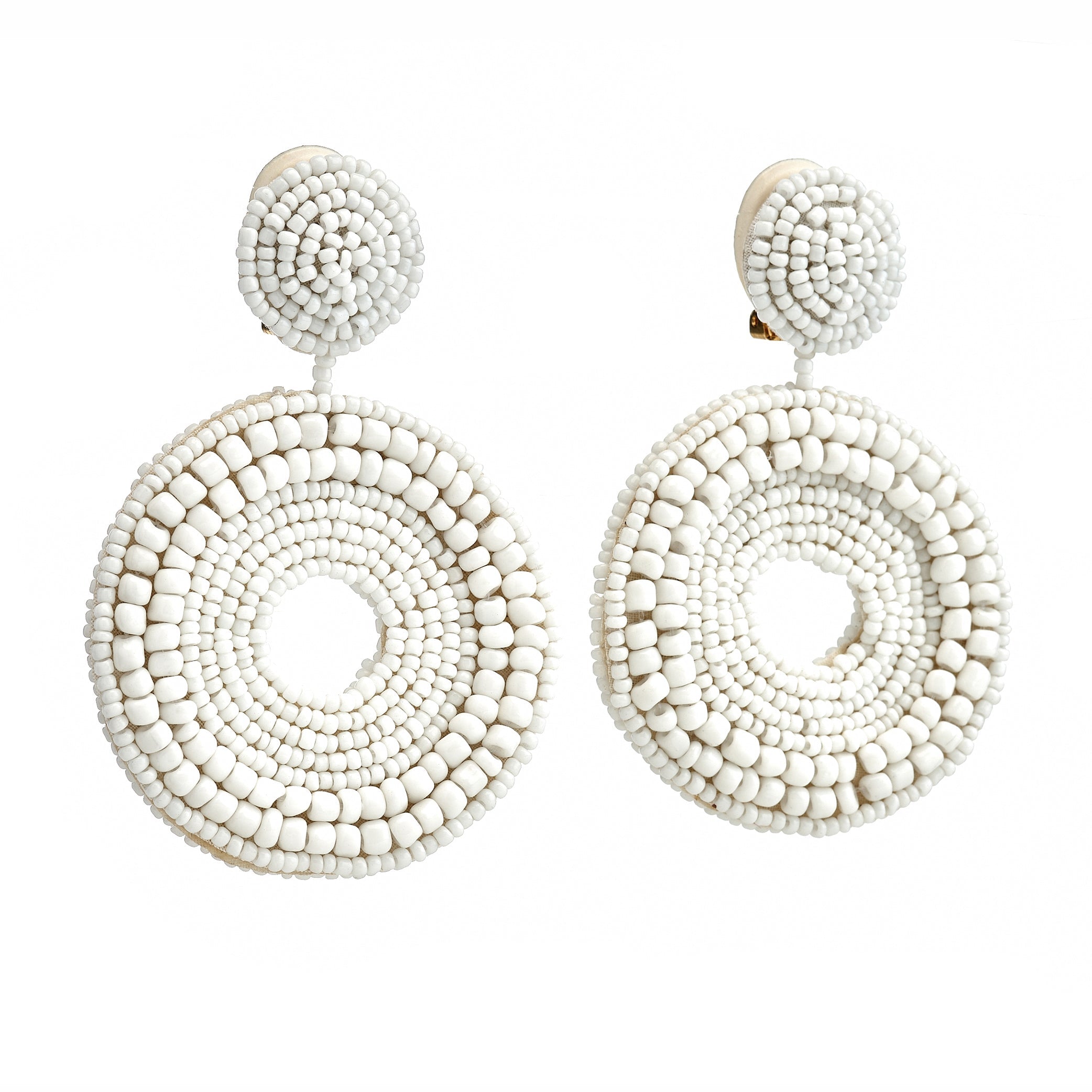 White Seed Bead Round Clip-On Earrings