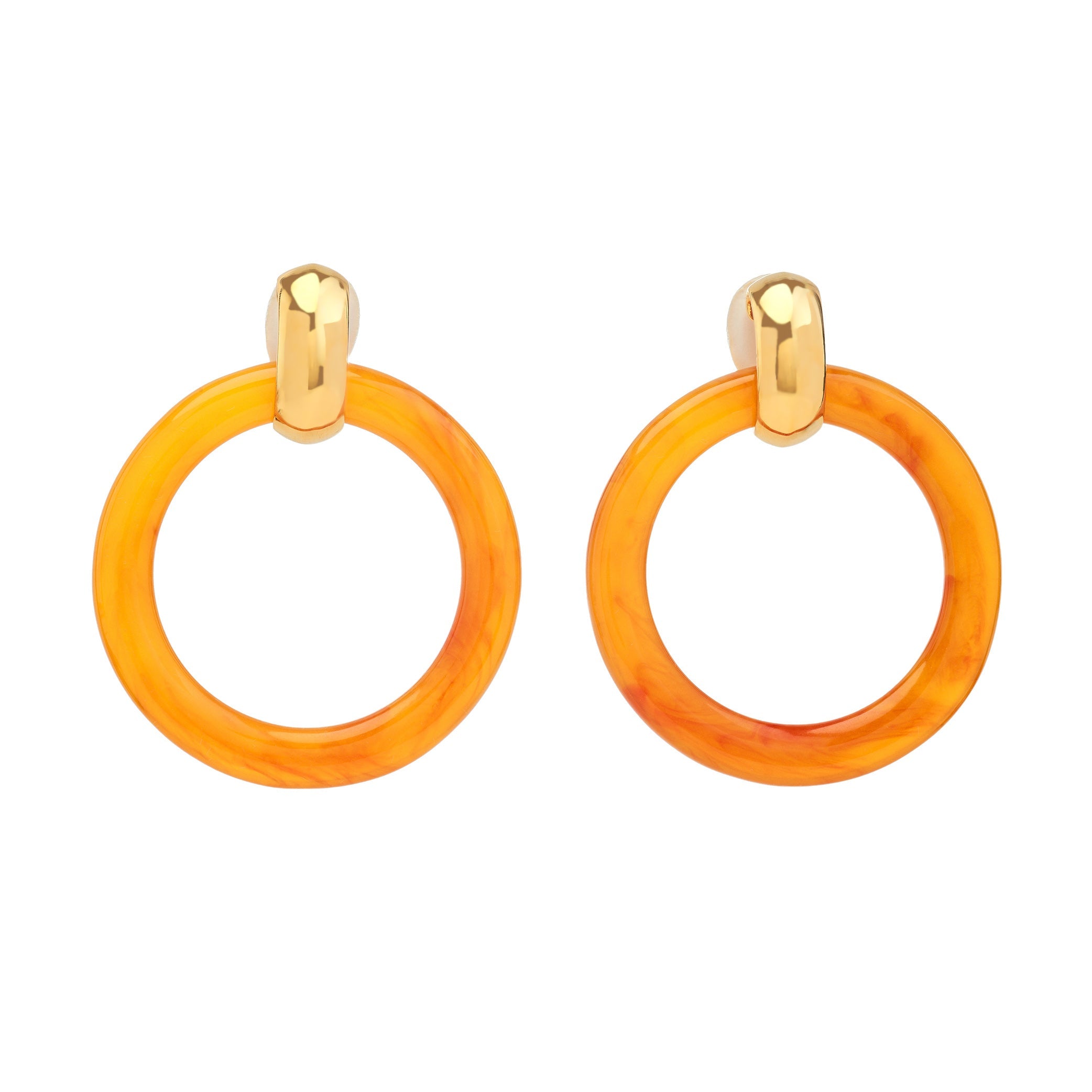 Amber Doorknocker Clip Earrings with Polished Gold Top