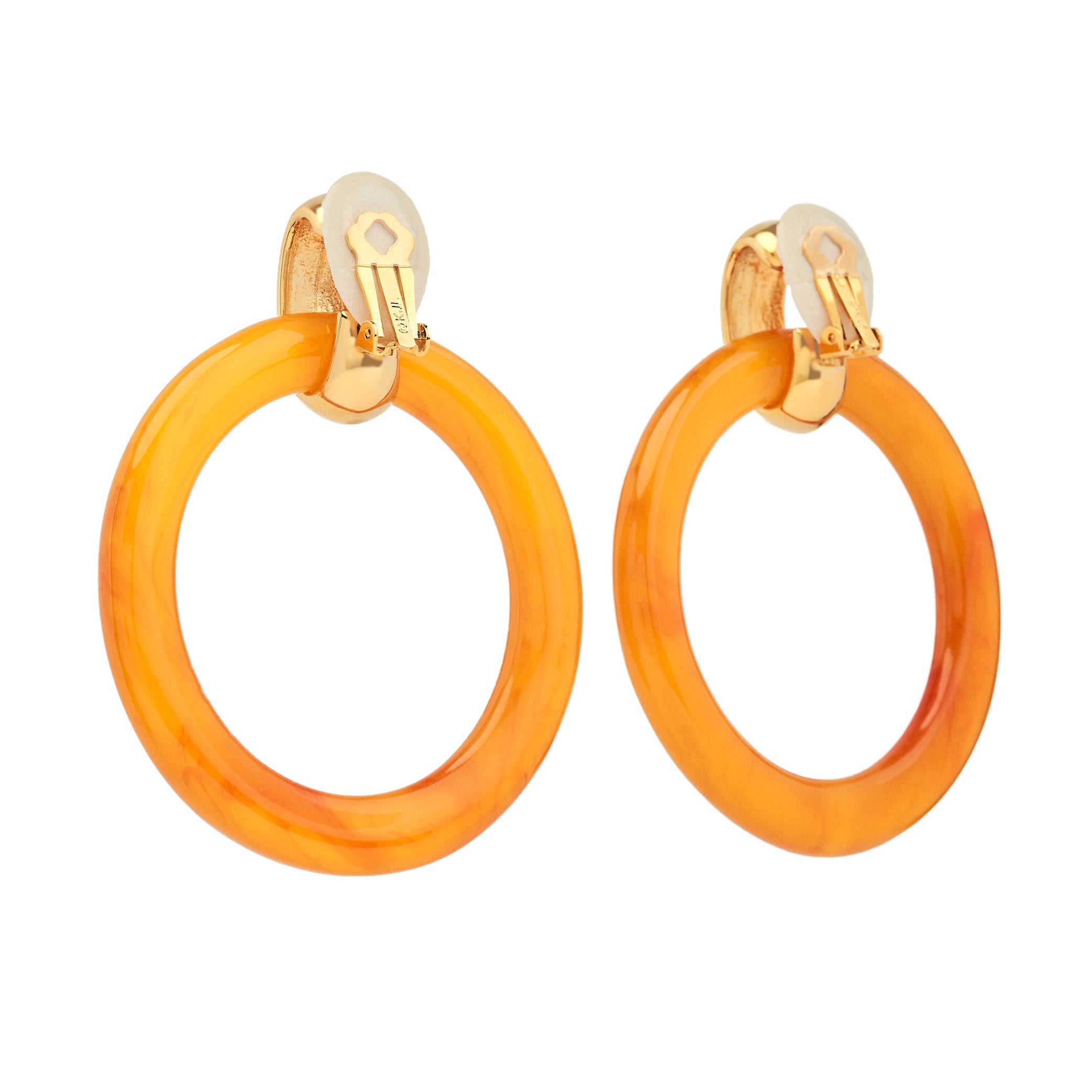 Amber Doorknocker Clip Earrings with Polished Gold Top