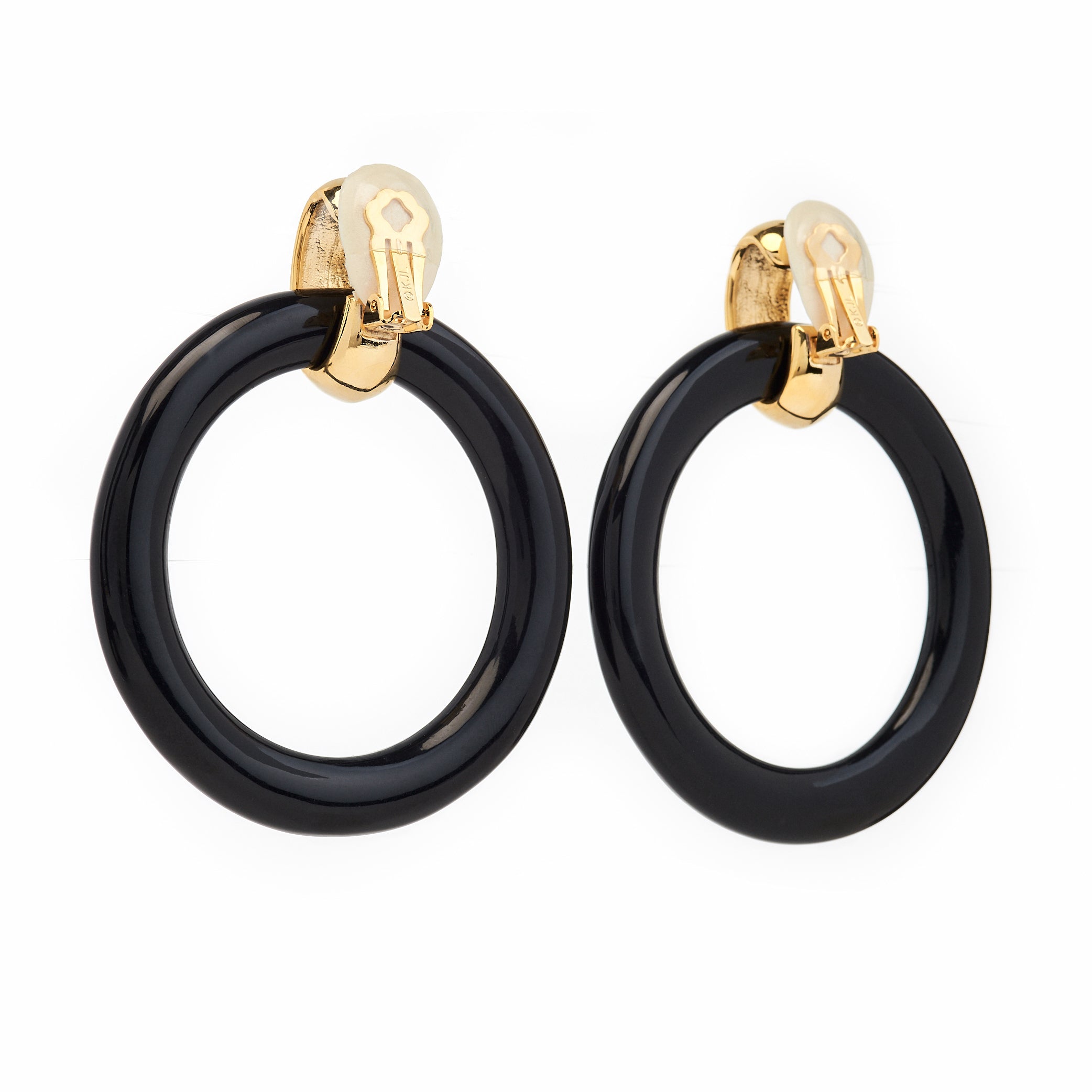 Black & Polished Gold Doorknocker Clip Earrings