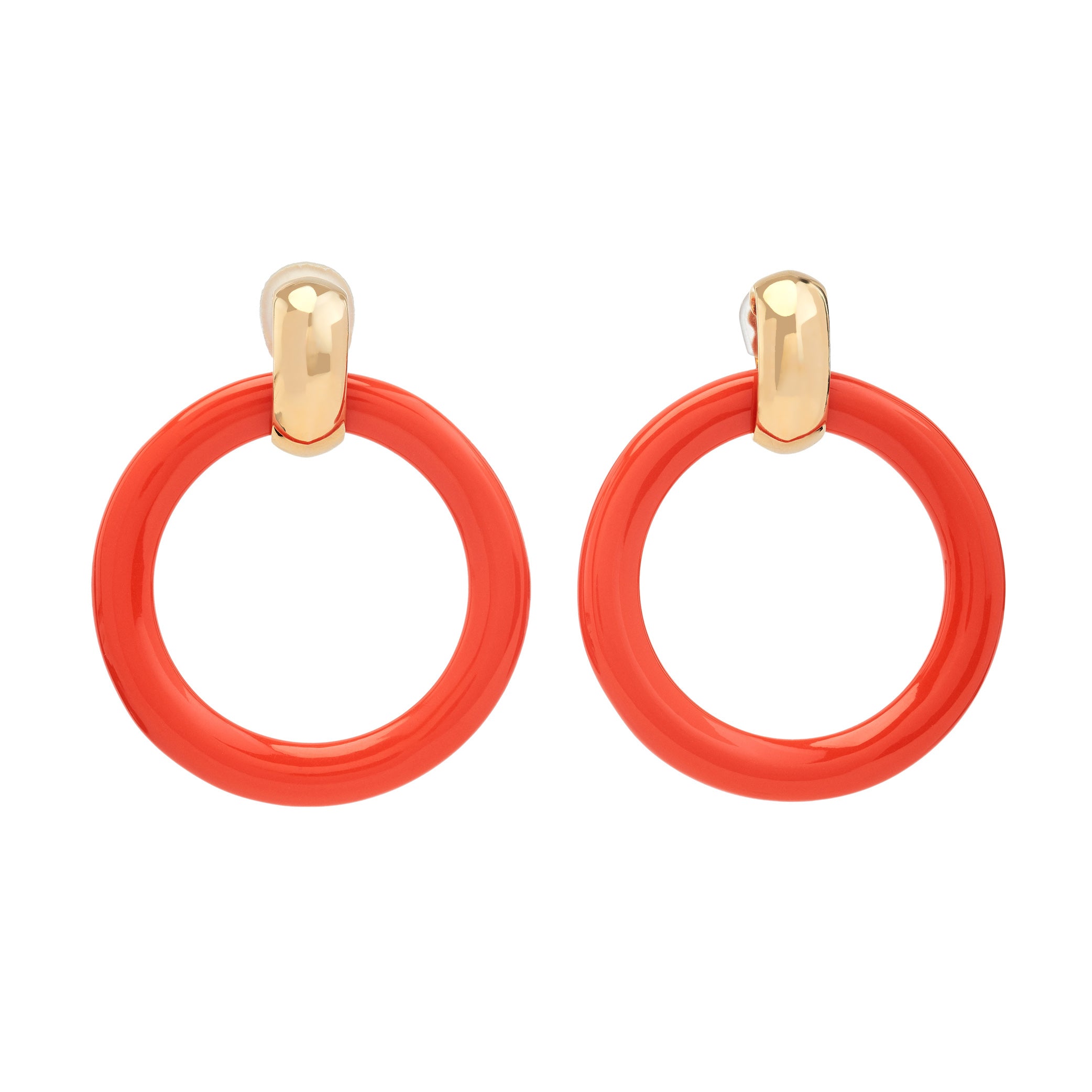 Coral & Polished Gold Doorknocker Clip Earrings