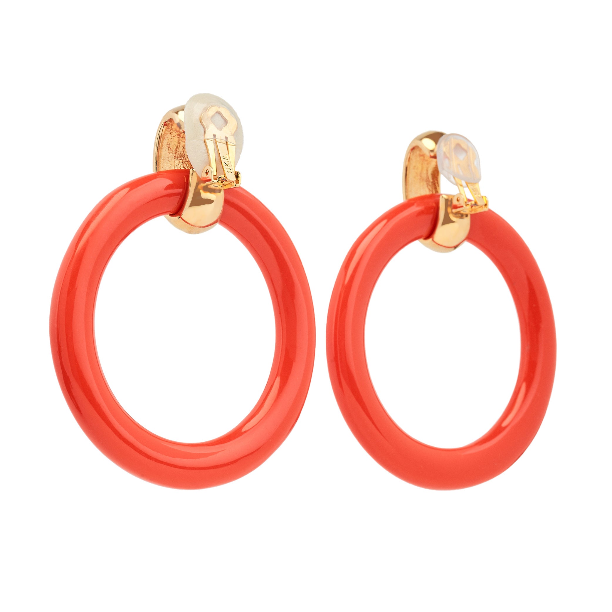 Coral & Polished Gold Doorknocker Clip Earrings
