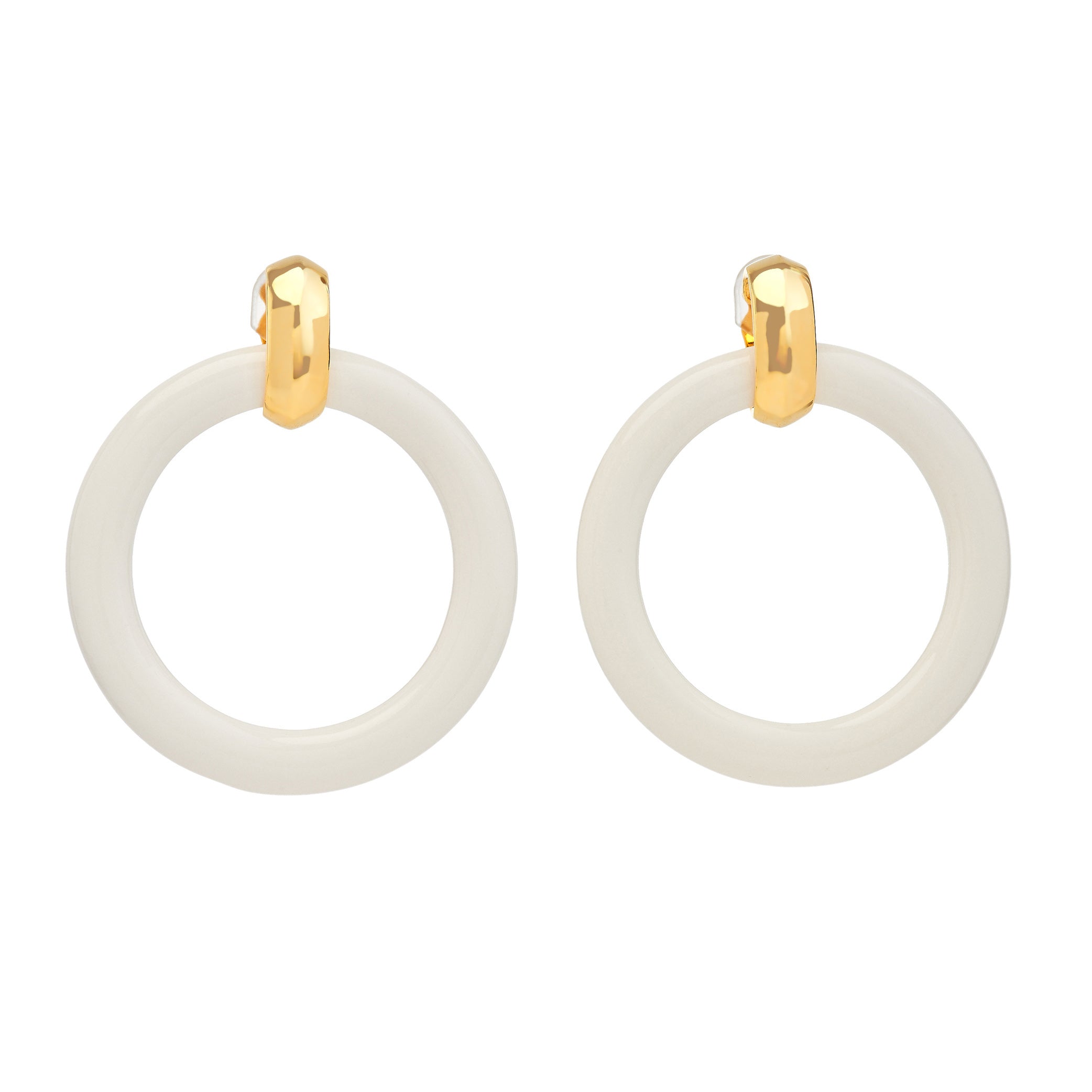White & Polished Gold Doorknocker Clip Earrings