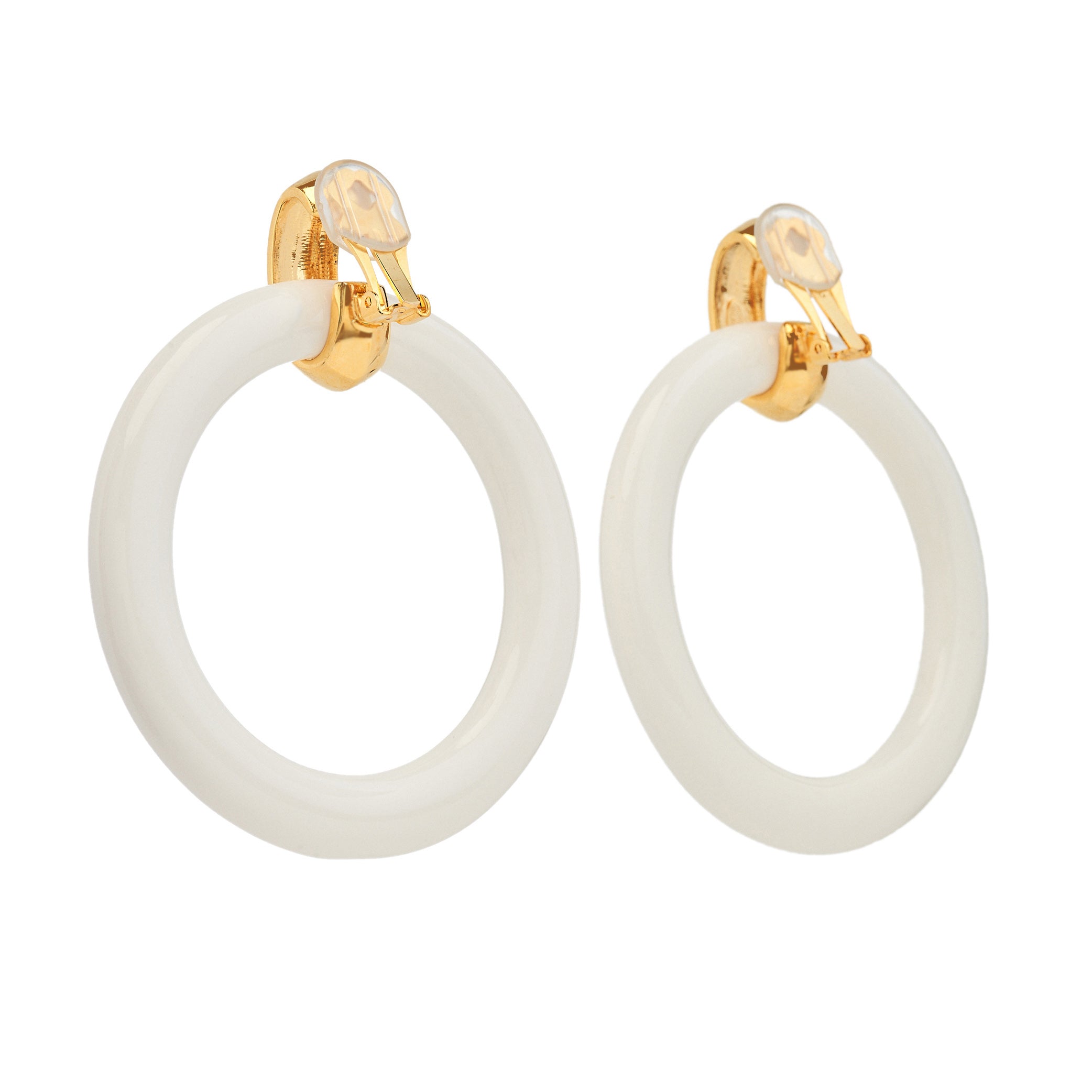 White & Polished Gold Doorknocker Clip Earrings