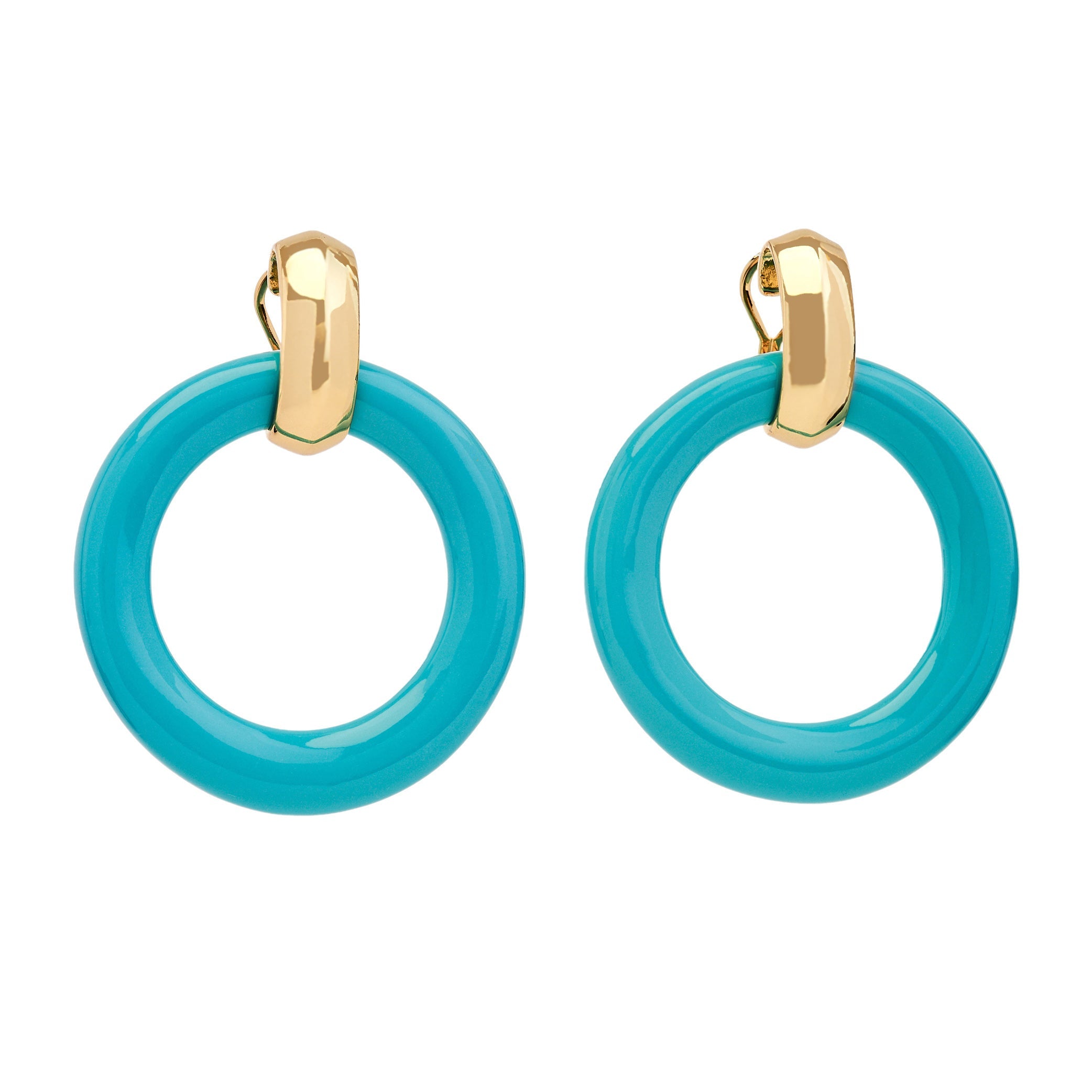 Satin Gold & Turquoise Doorknocker Clip Earrings