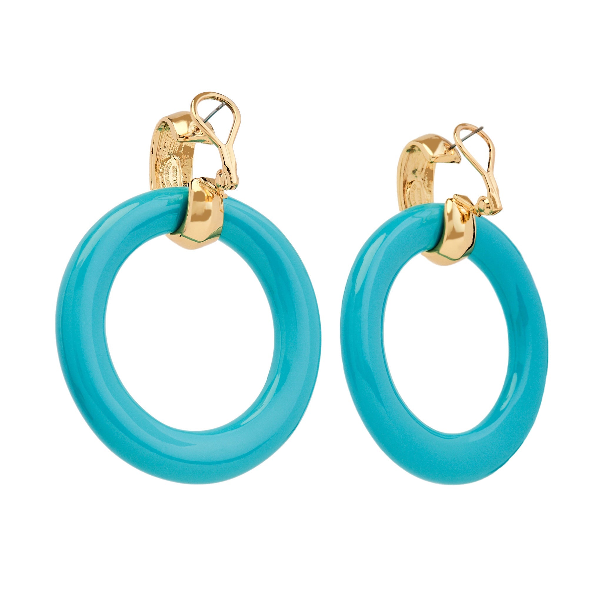 Satin Gold & Turquoise Doorknocker Clip Earrings
