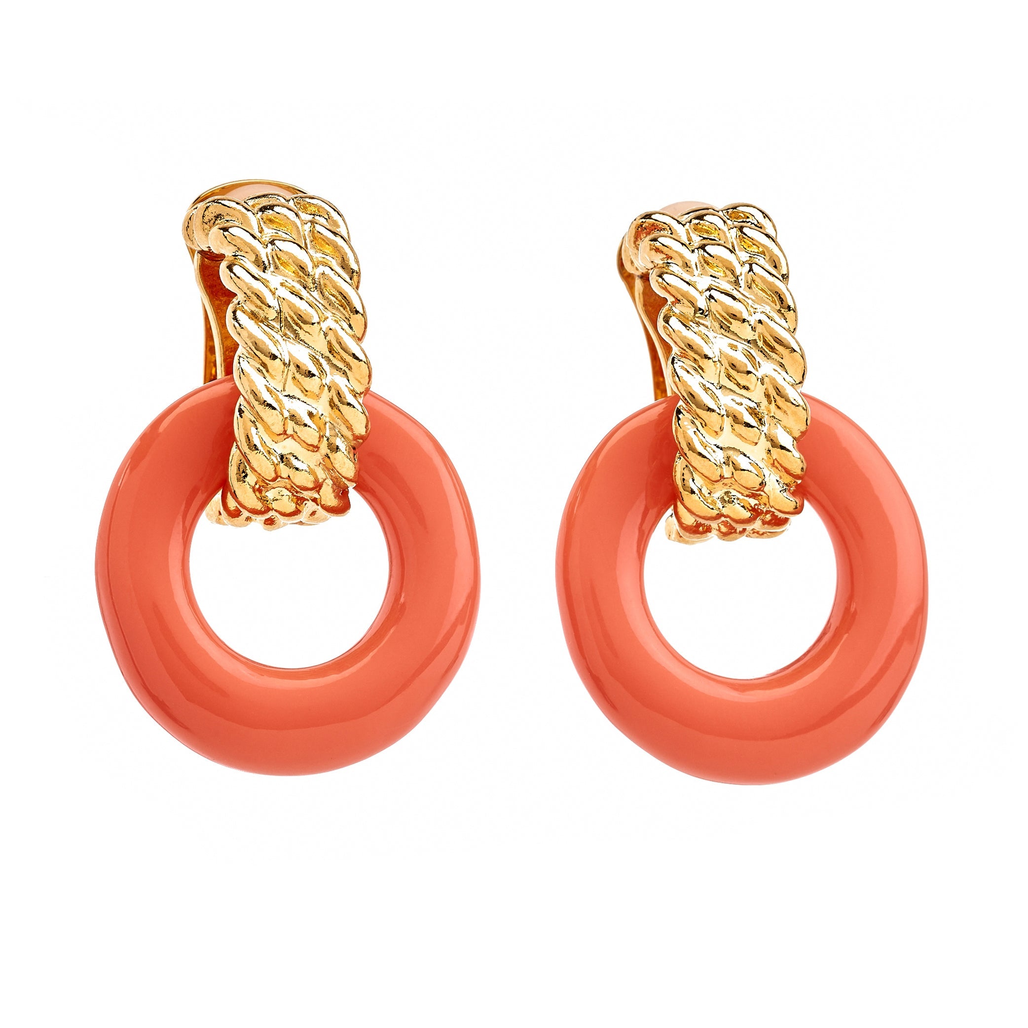 Gold & Coral Doorknocker Clip Earrings