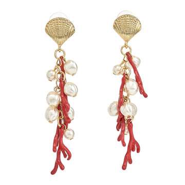 Shell Top Pearl and Red Branches Drop Earrings