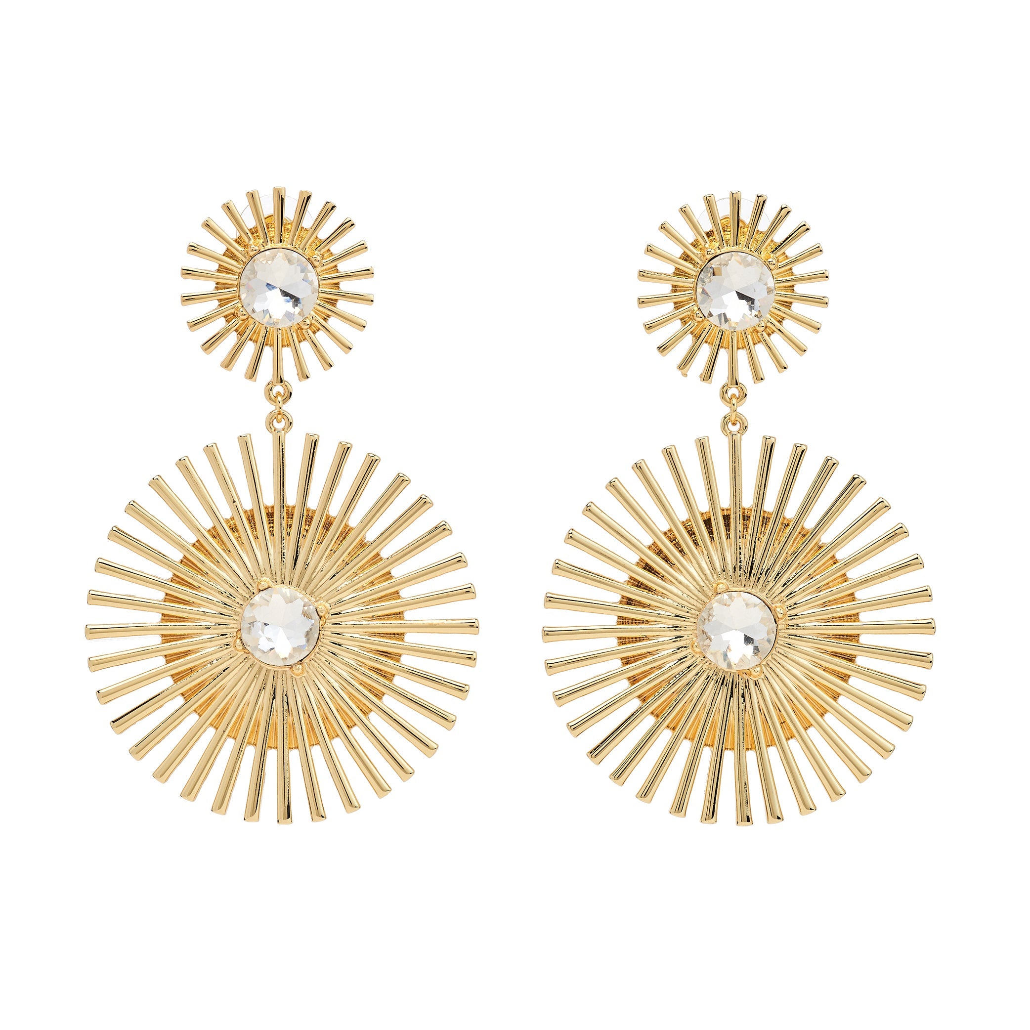 Gold Sunburst Drop Earrings with Crystal Center
