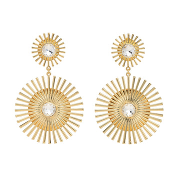 Gold Sunburst Drop Earrings with Crystal Center