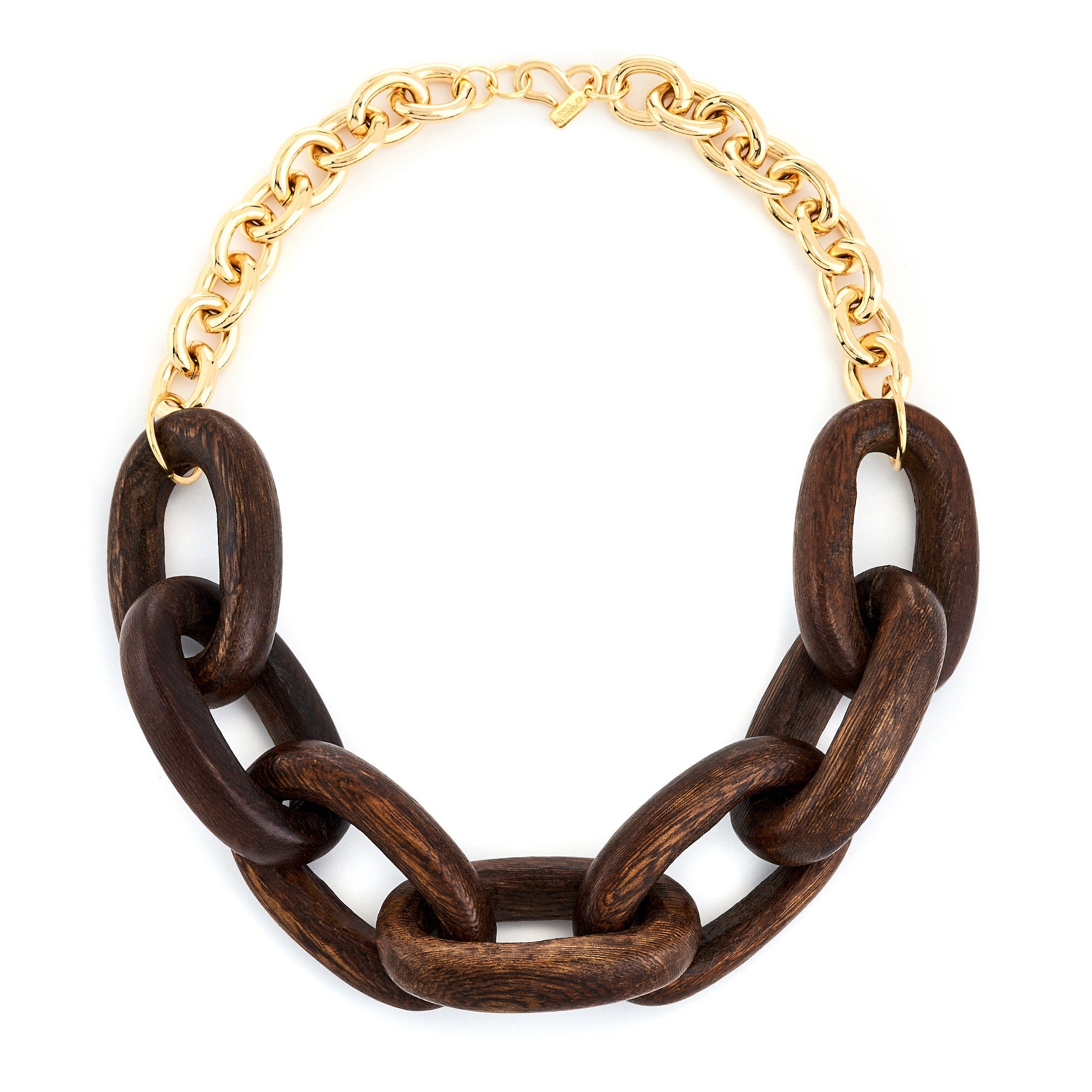 Polished Gold & Wood Link Necklace
