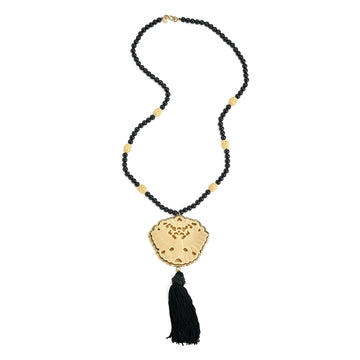 Black and Ivory Carved Tassel Necklace