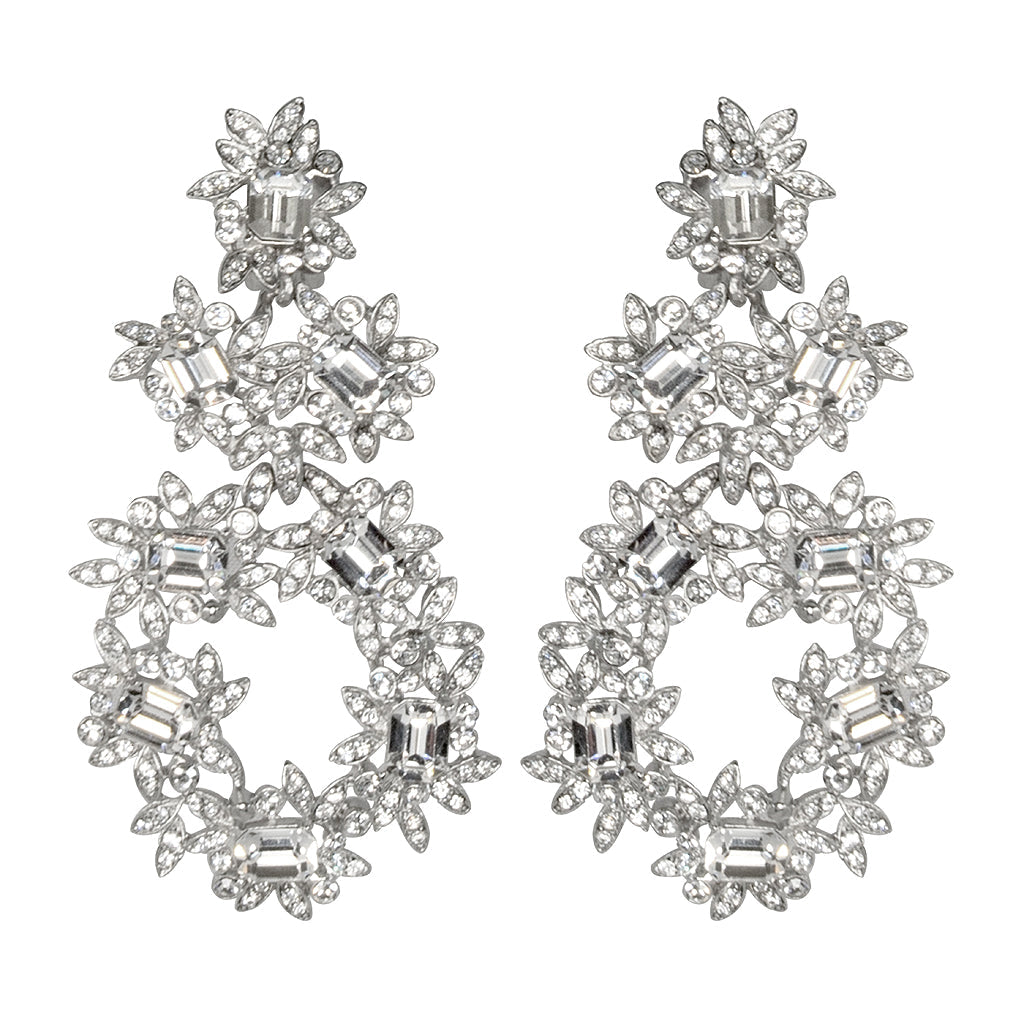 Silver & Crystal Flower Clip Earrings