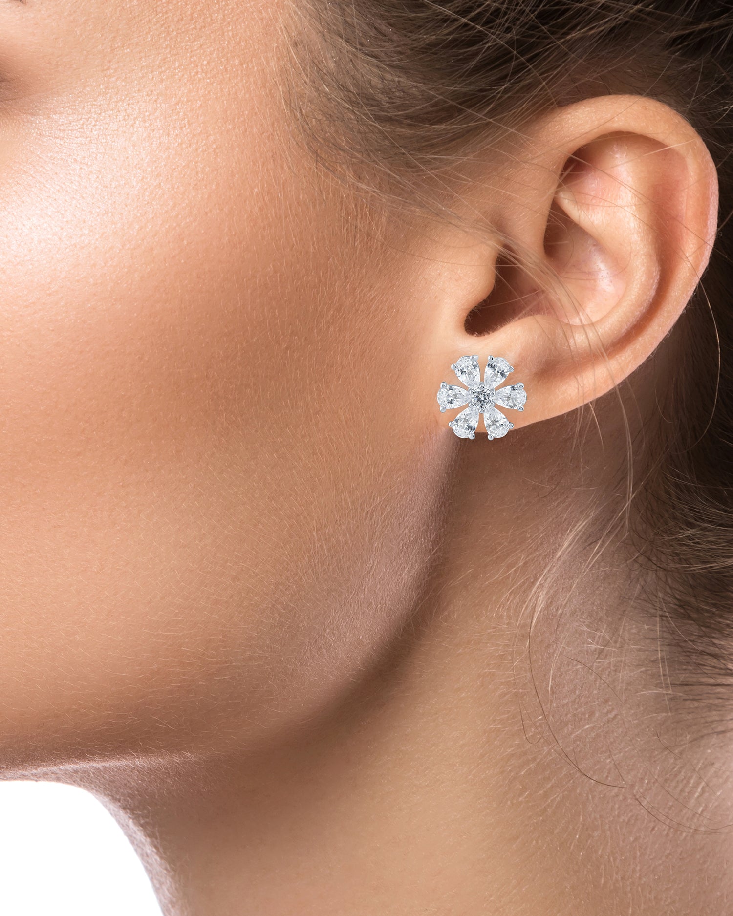 Pear CZ Flower Stud Earrings