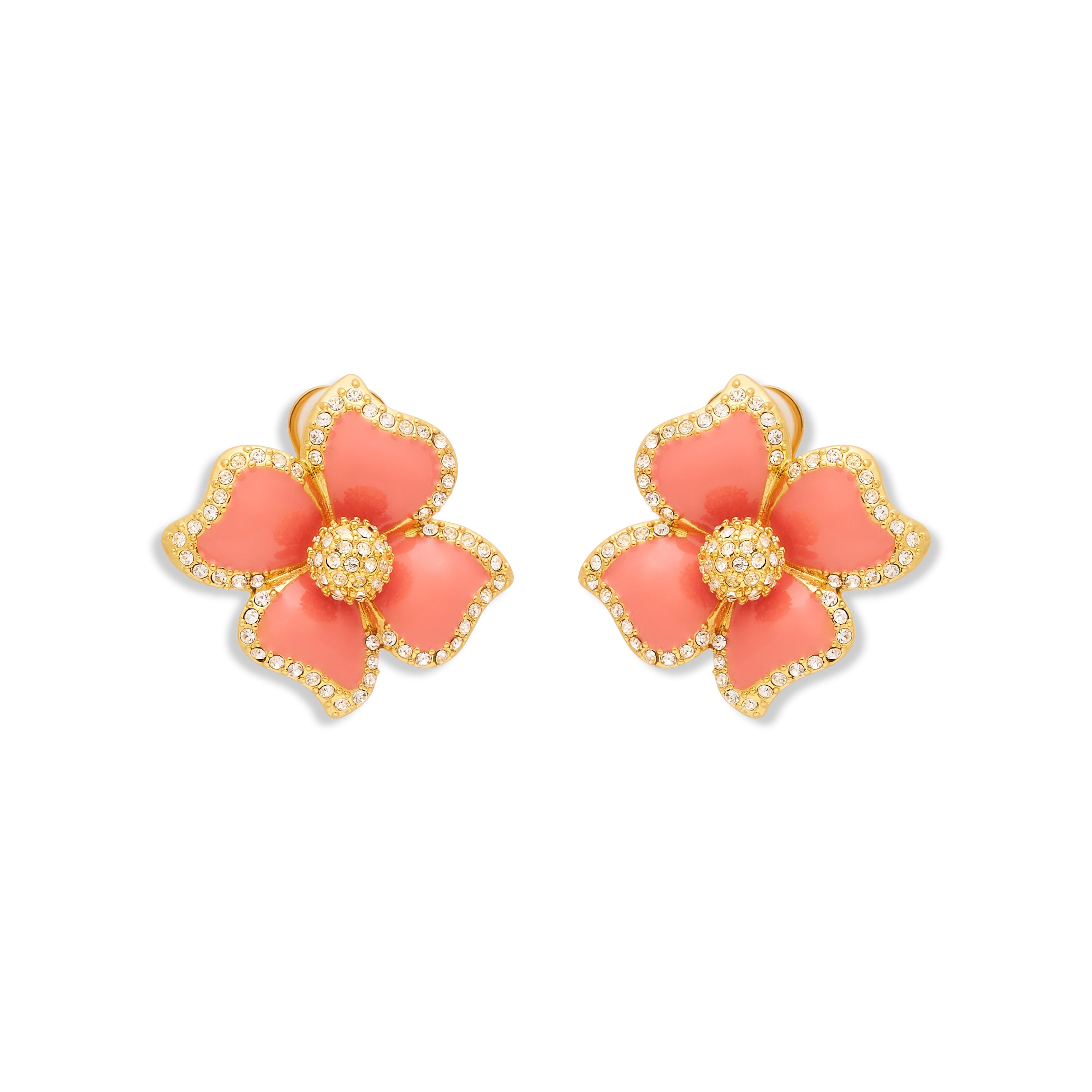 Pink Enamel Flower Clip Earrings