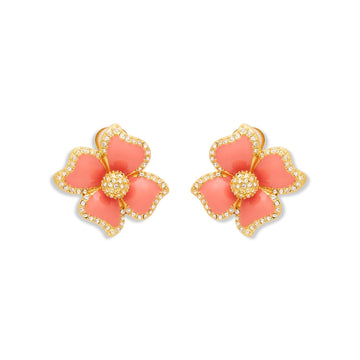 Pink Enamel Flower Clip Earrings