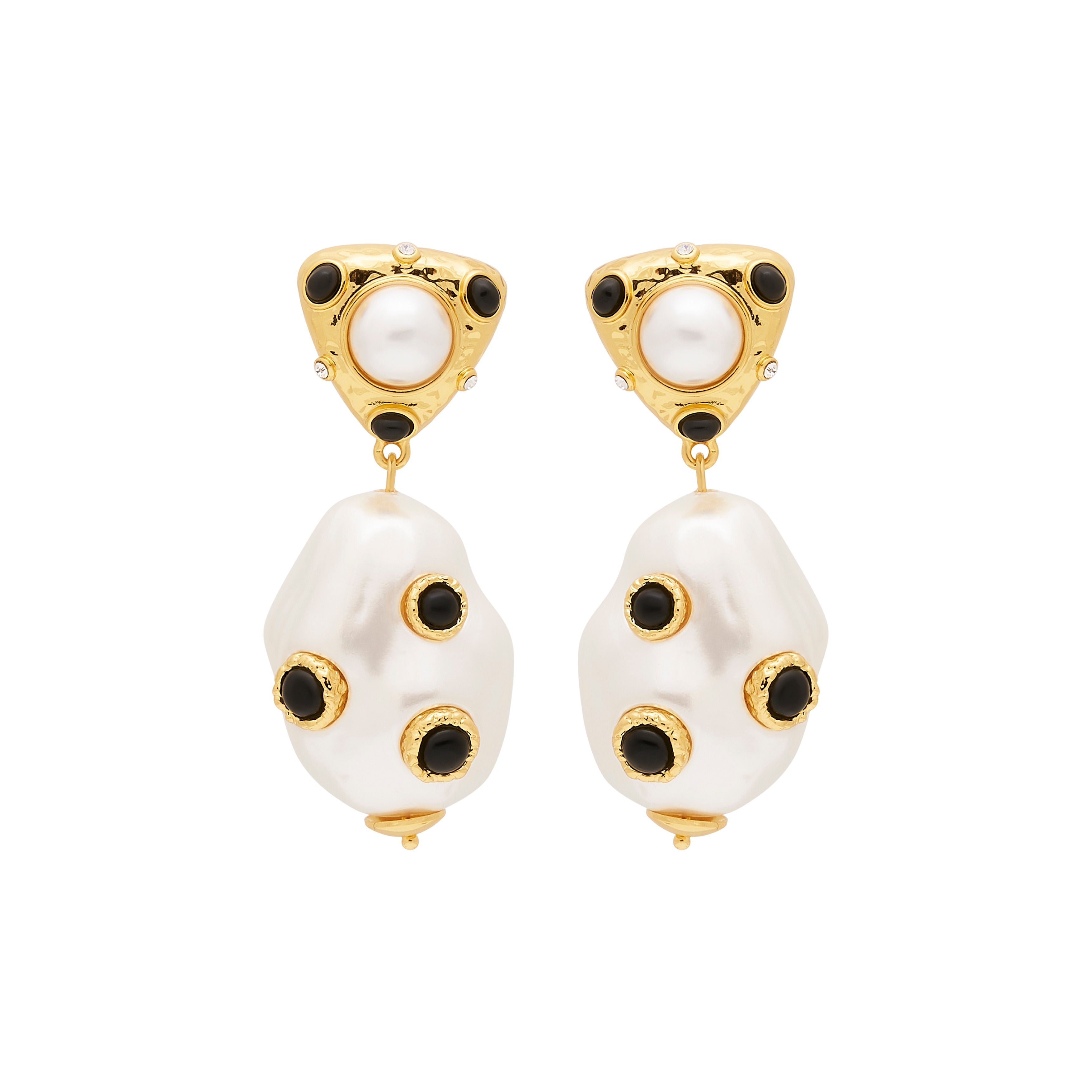 Pearl & Black Cabochons Drop Clip Earrings
