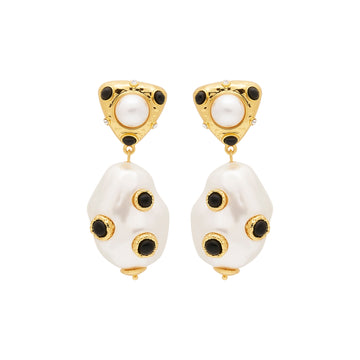 Pearl & Black Cabochons Drop Clip Earrings