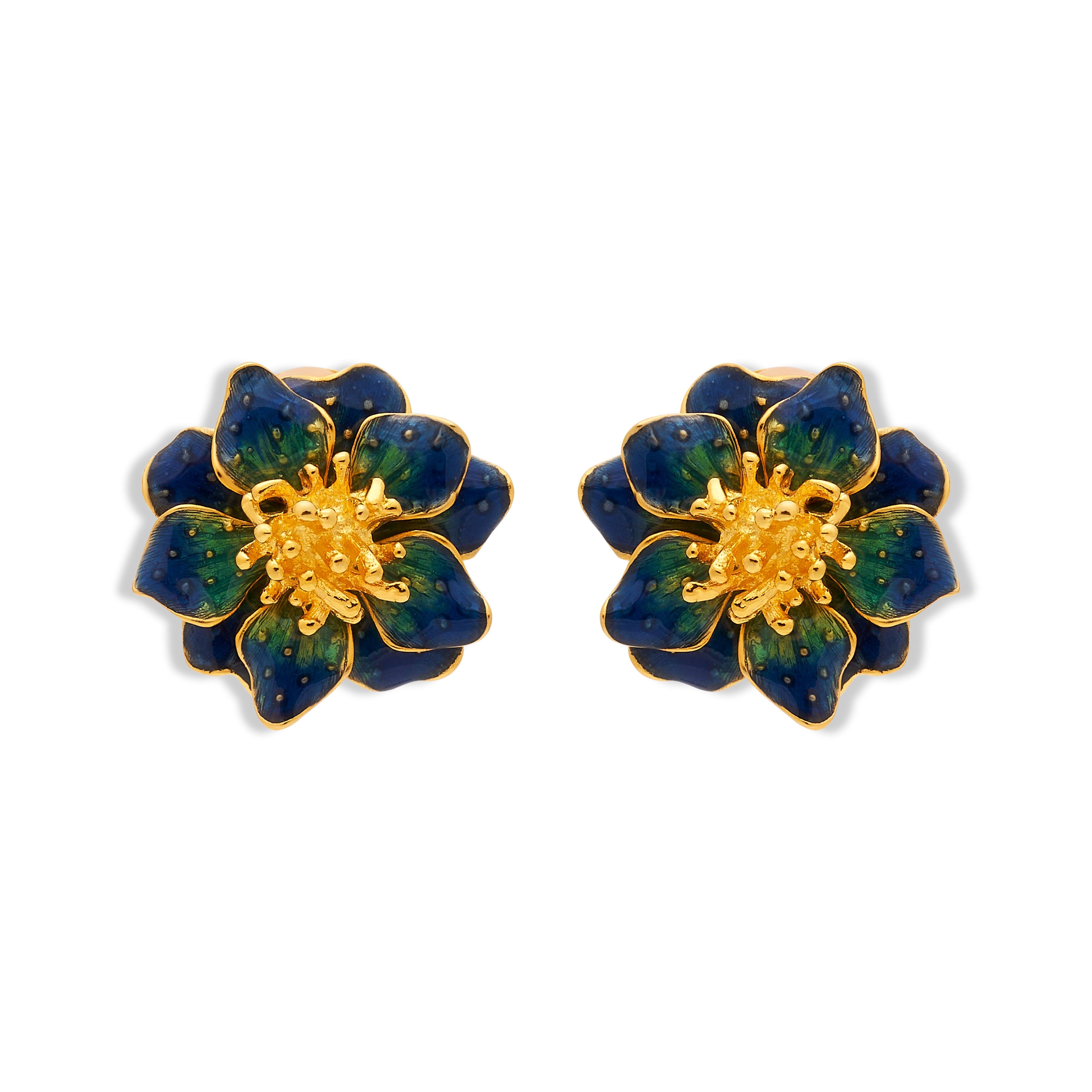 Blue Enamel Flower Clip Earrings