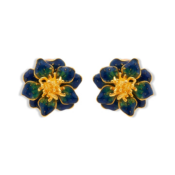 Blue Enamel Flower Clip Earrings