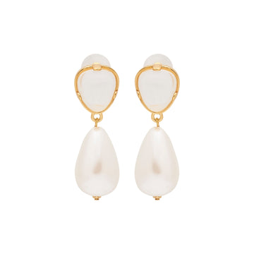 Clear & Pearl Drop Pierced Gold Earrings