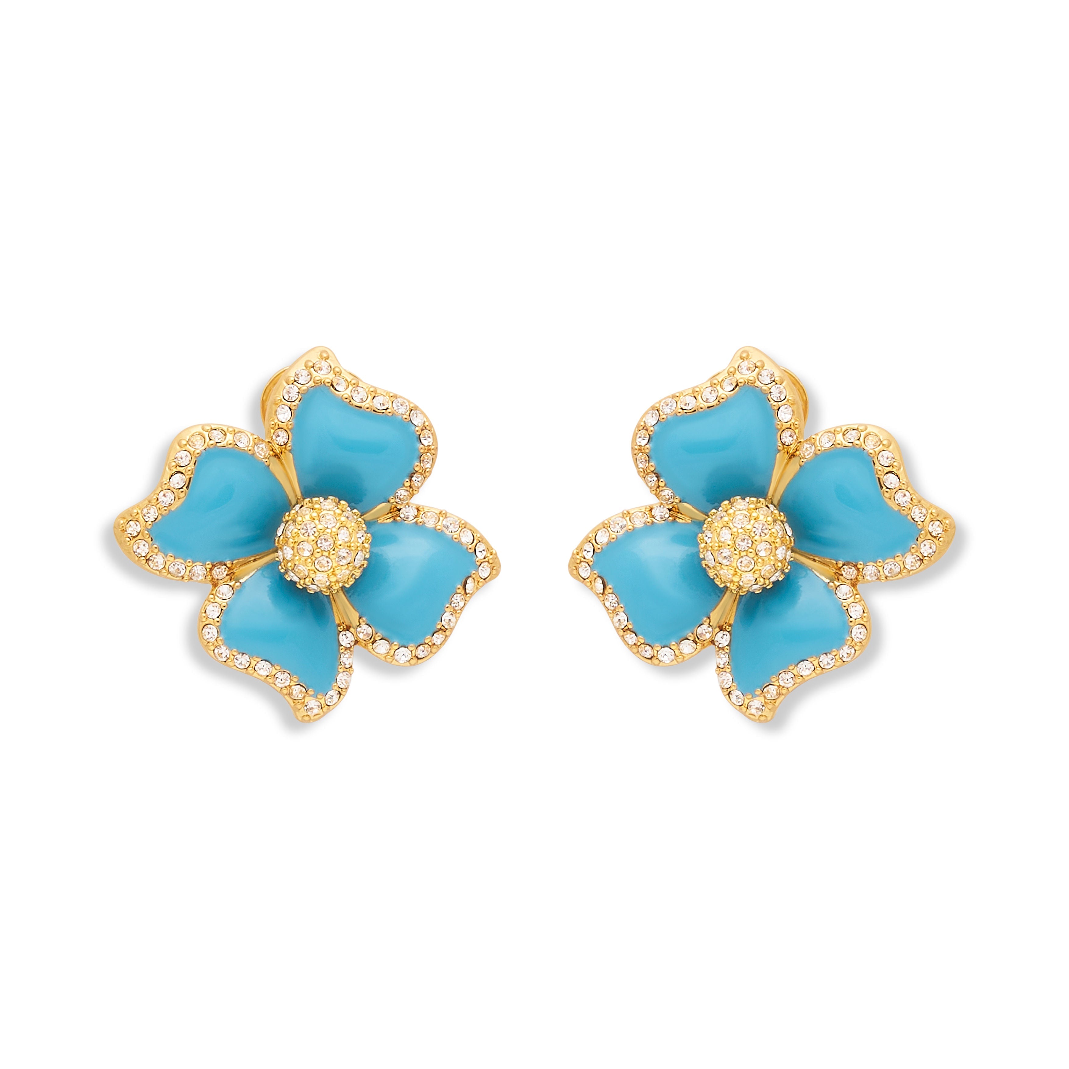 Turquoise Enamel Flower Clip Earrings