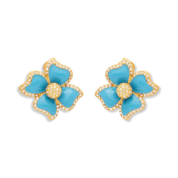 Turquoise Enamel Flower Clip Earrings