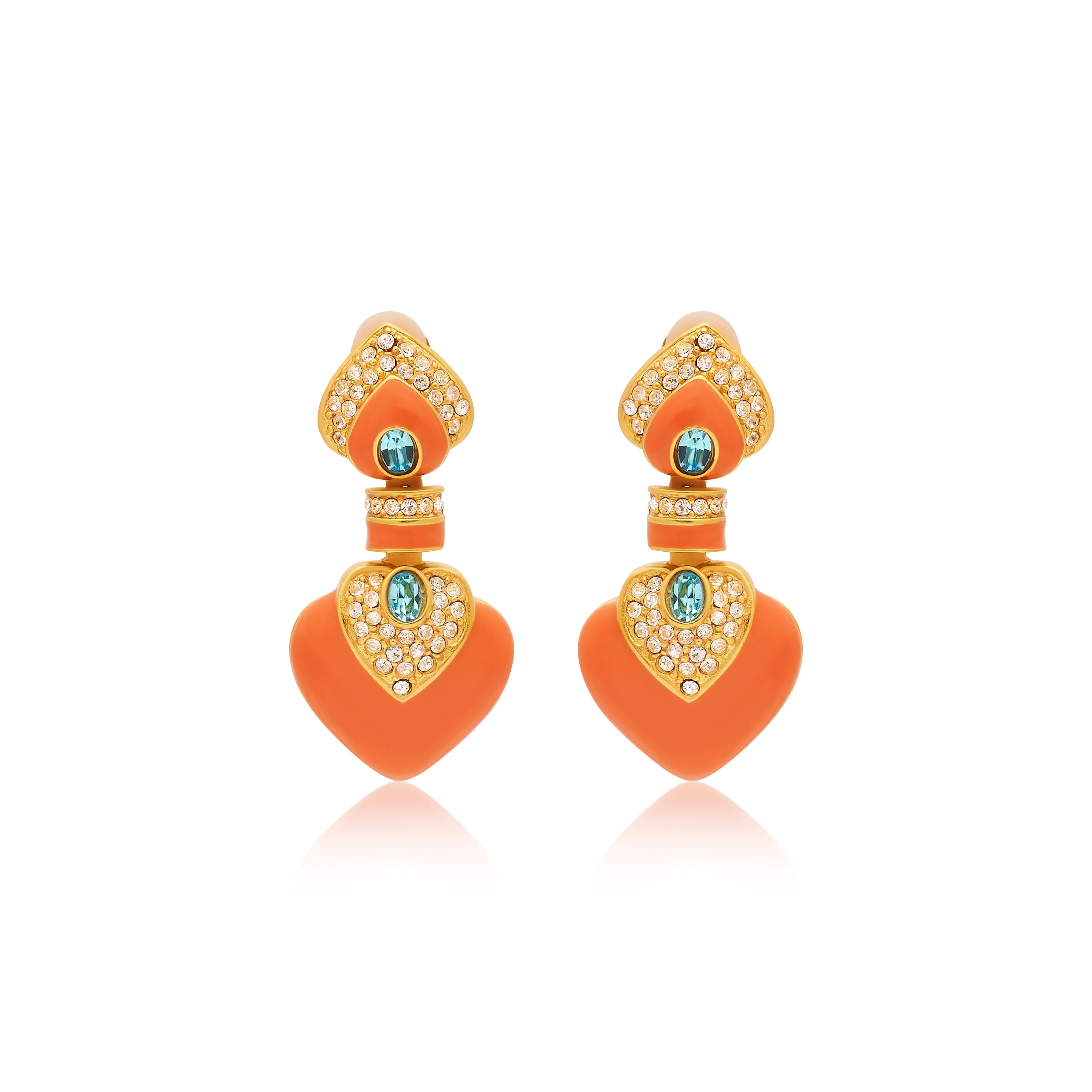 Coral & Aquamarine Heart Drop Clip Earrings