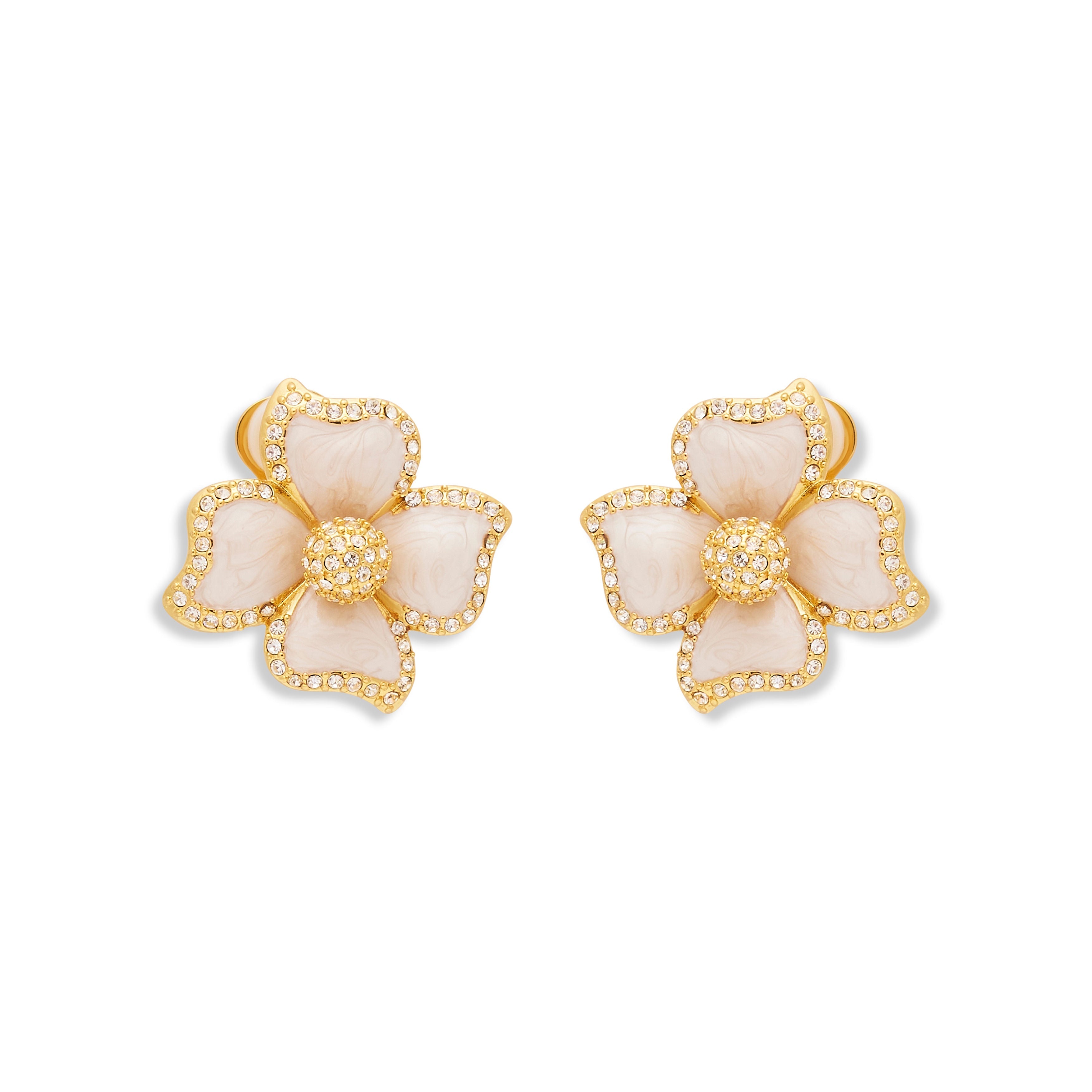 White Enamel Flower Clip Earrings