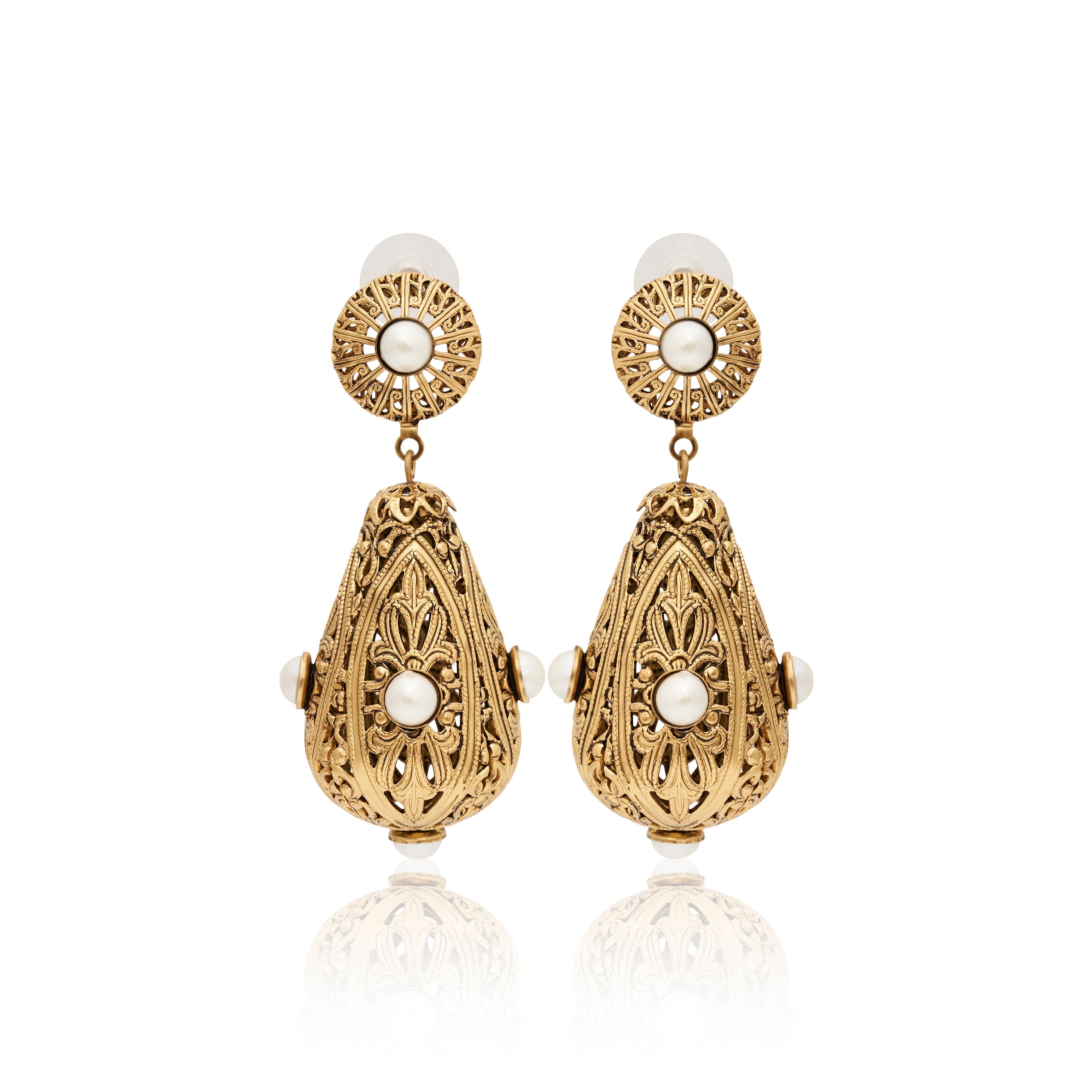 Pearl Filigree Drop Clip-On Earrings