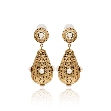 Pearl Filigree Drop Clip-On Earrings