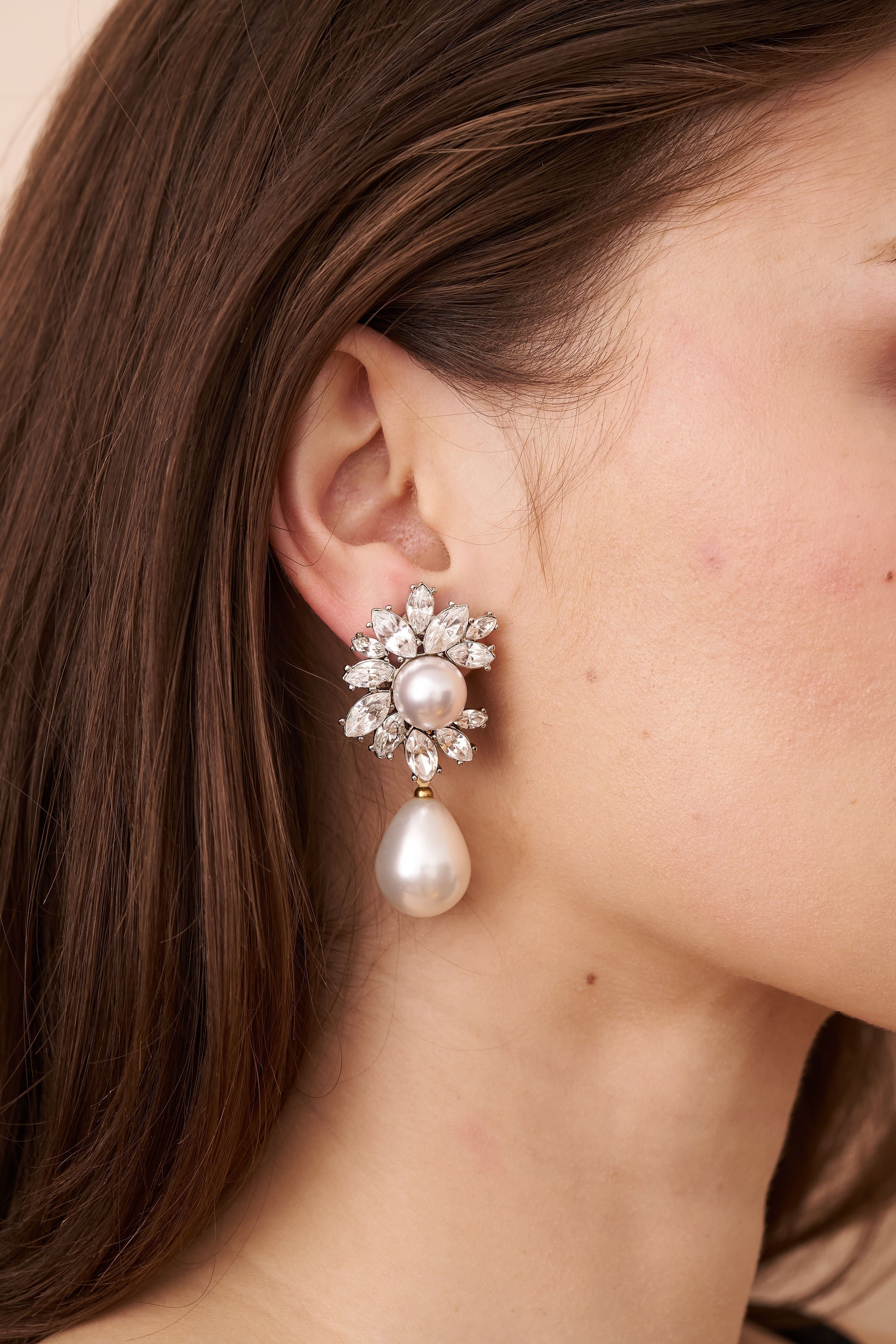 Rhinestone Cluster Pearl Drop Clip-On Earrings